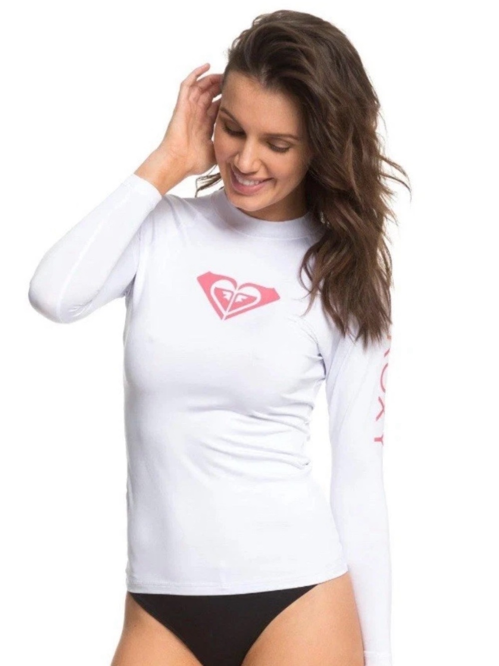 Roxy White Long-Sleeve Rash Guard Pink Logo Roxy Womens Whole Hearted Long XL